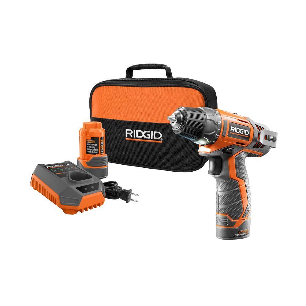 Ridgid R82005K Cordless Drill Kit with 12-Volt Lithium-Ion Power, 3/8×22 Chuck and 2-Speed Control