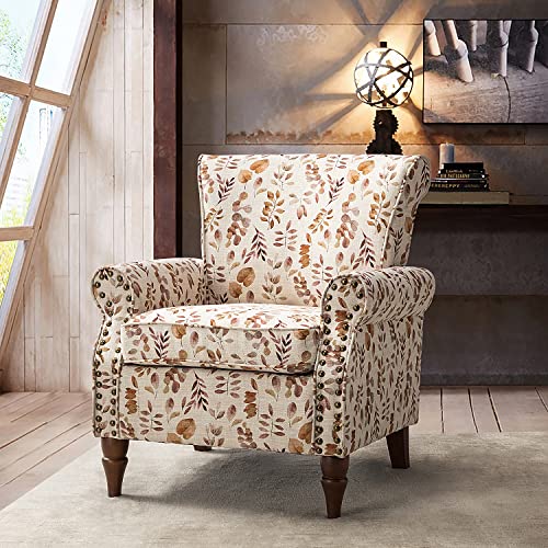 HULALA HOME Upholstered Wingback Accent Chair with Removable Cushion, Wood Legs and Nailhead Trim, Floral Living Room or Bedroom Armchair, Blue
