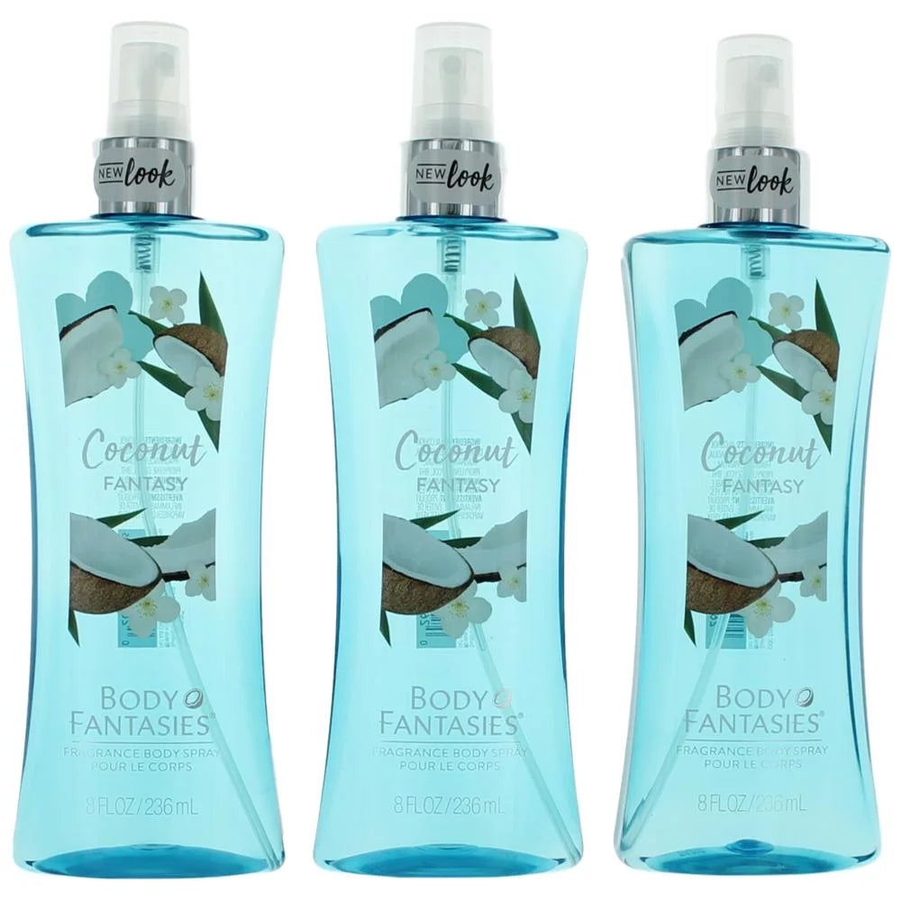 Body Fantasies Coconut Fantasy Fragrance Body Spray for Women, 3 x 8 oz