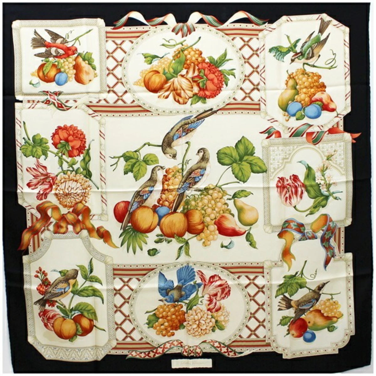 Pre-Owned Salvatore Ferragamo Womens Silk Scarf Muffler, Black and Ivory Tori Design, Good Condition