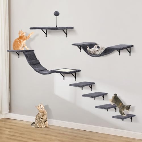 7-Piece Wall-Mounted Cat Furniture Set with Climbing Shelves, Perches, Bridge, Hammock, Scratching Board and Ball, Indoor Wood Activity Center, Beige