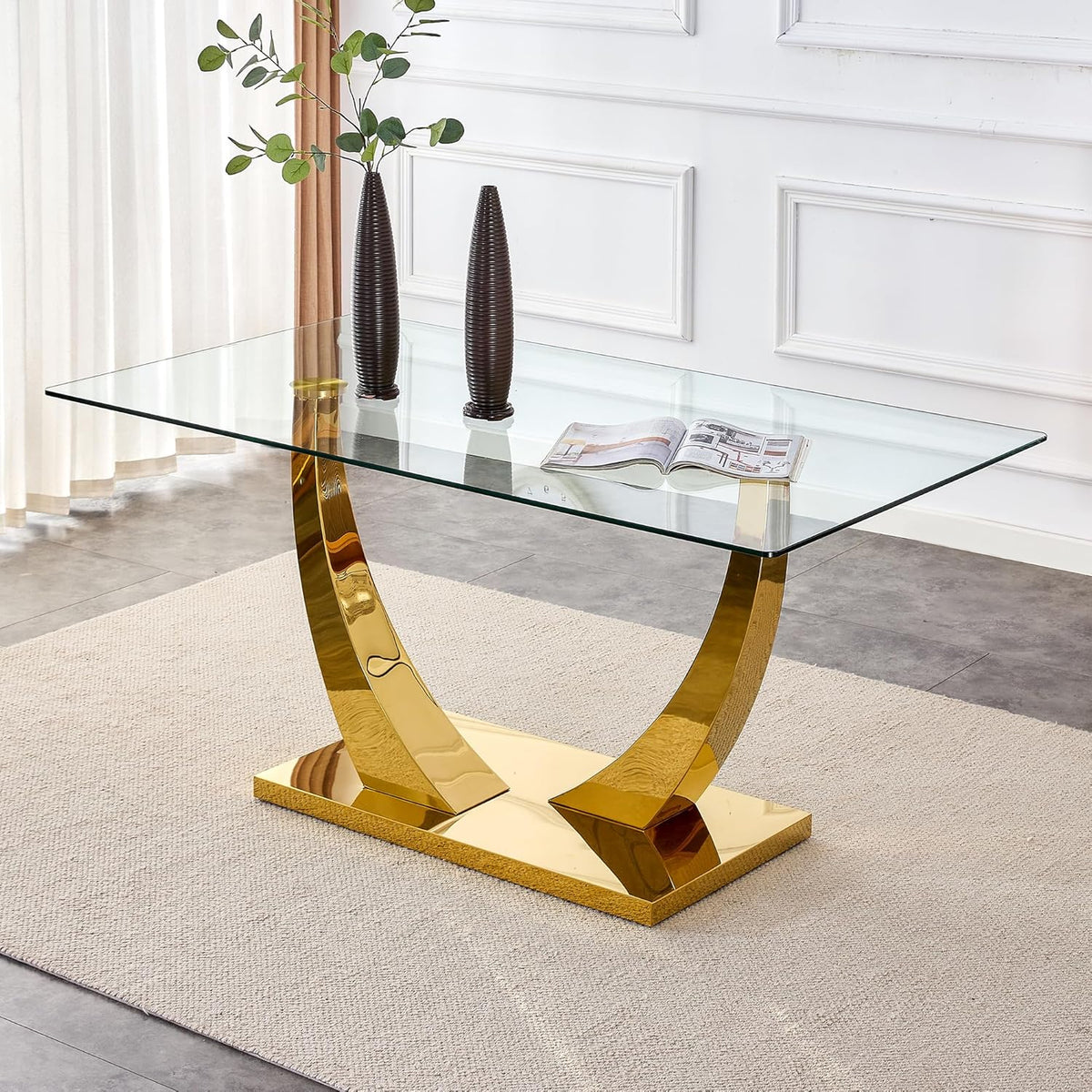 HomVent Rectangular Dining Table with 0.39-Inch Clear Tempered Glass Top and Stainless Steel Base, Gold Base for Kitchen, Dining Room or Home Office