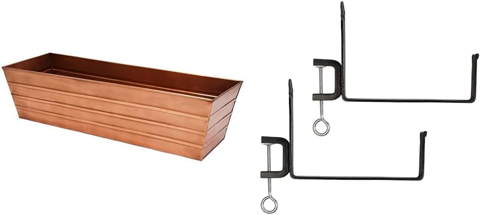 ACHLA DESIGNS 35.5-Inch Copper-Plated Window Box Planter with Black Railing Clamp Brackets