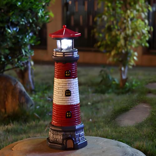 Solar-Powered Rotating Lighthouse Garden Statue with Automatic Waterproof Lights, Red Lawn and Patio Decoration for Yard, Ground or Tabletop, Housewarming Gift