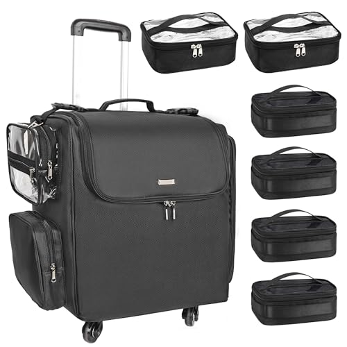 Relavel Rolling Makeup Train Case with 4 Wheels, Heat-Insulated Full-Layer Design, Adjustable Dividers and Organized Storage for Cosmetics and Hair Tools