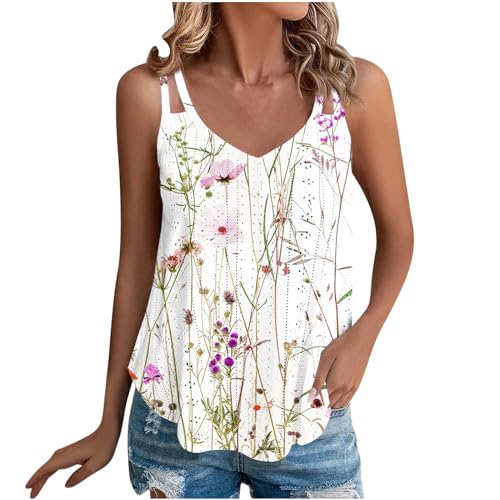 Womens Sleeveless V-Neck Tank Top with Floral Eyelet Detail, Dressy Casual Summer Camisole Tunic Blouse