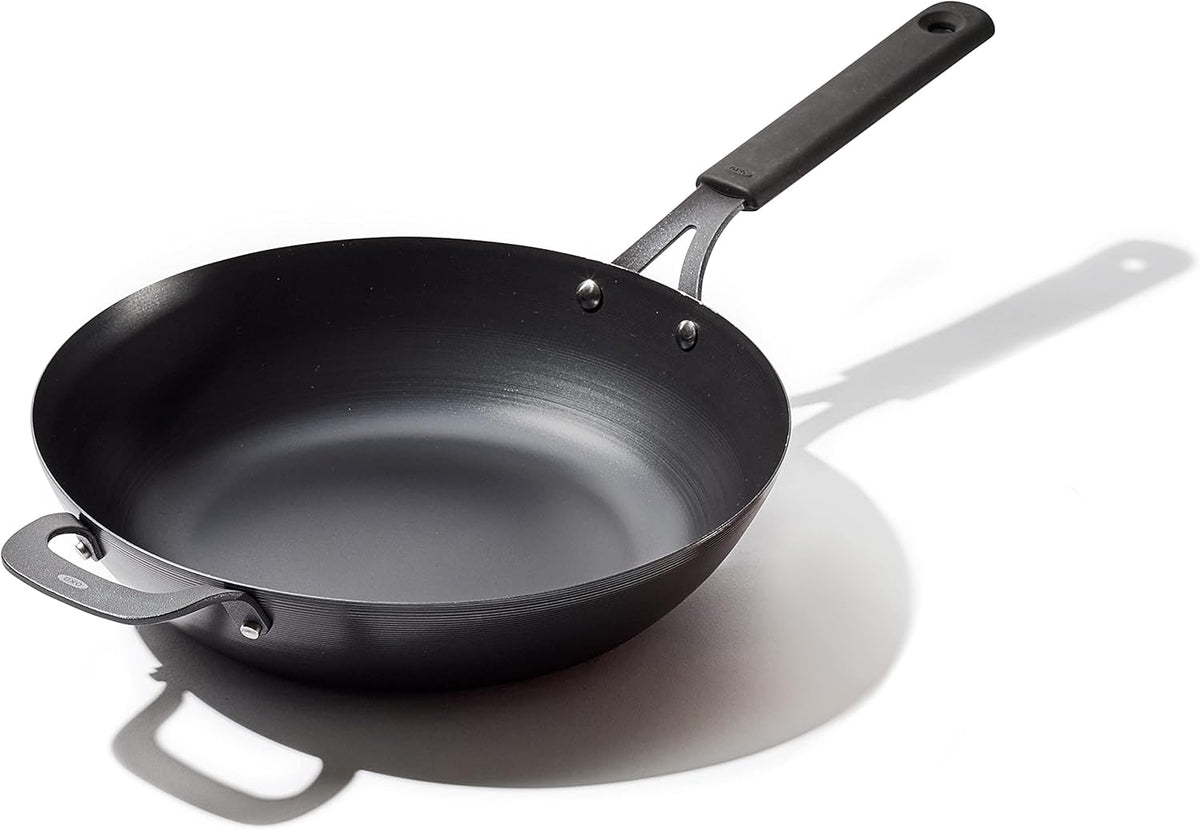 OXO Obsidian 12-Inch Carbon Steel Wok Pan, Pre-Seasoned with Removable Silicone Handle Holder, Induction and Oven Safe, Black