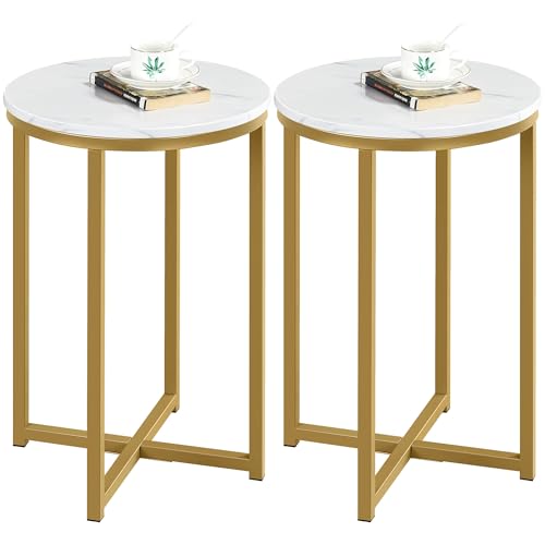 Yaheetech 16in Round Faux Marble End Table with X-Based Design & Sturdy Metal Legs, Modern Accent Sofa Table for Living Room, Black