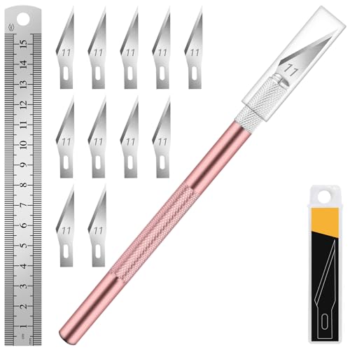 DIYSELF Precision Craft Knife Kit with 11 SK5 High-Carbon Steel Blades and 15cm Steel Ruler, Exacto, Stencil and Art Knife for Fondant and Scrapbooking, Green