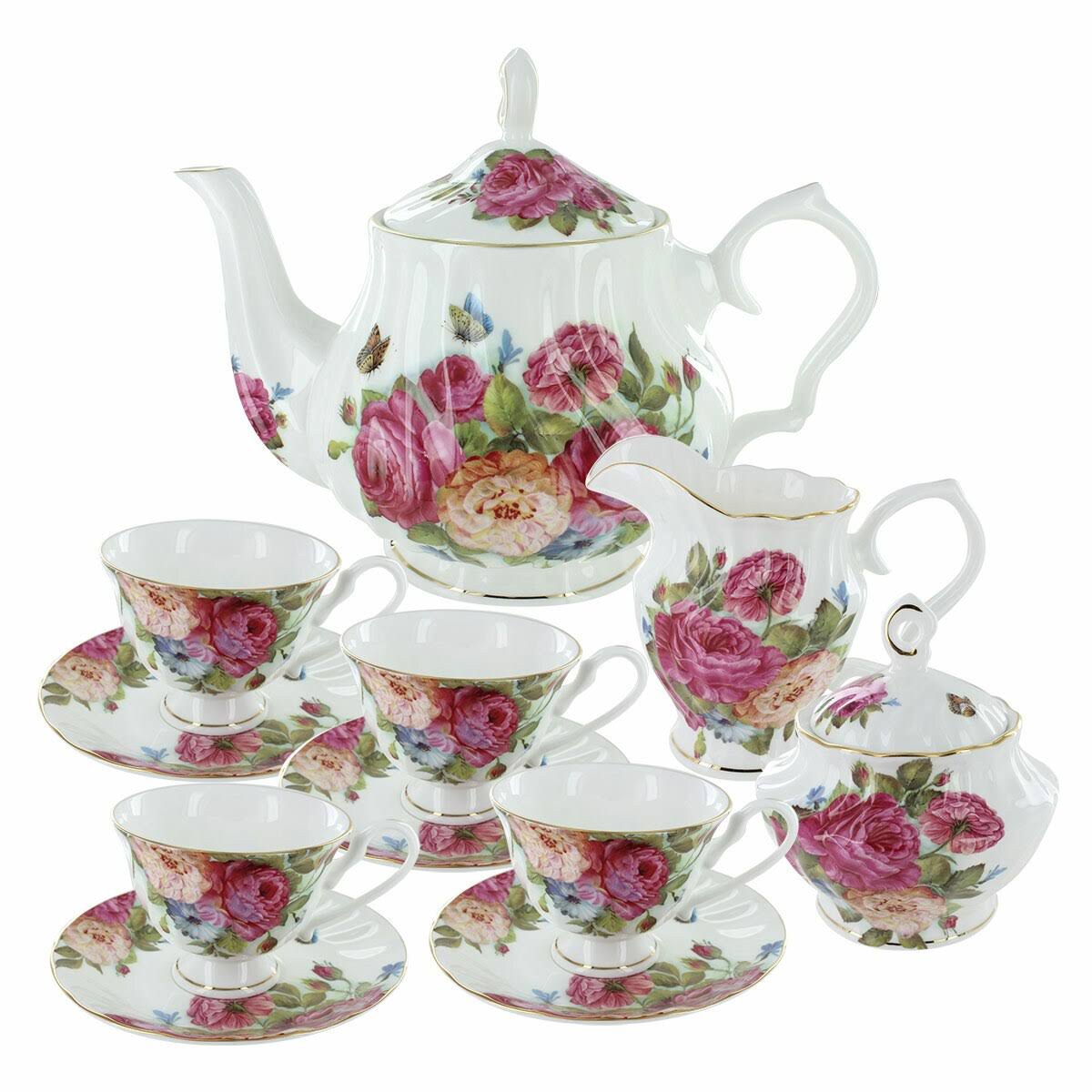 Coastline Imports Sandras Rose Bone China Tea Set Bundle