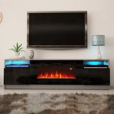 Orren Ellis Delaine TV Stand for TVs Up to 90 x 22, with Electric Fireplace, Dark Gray/Black