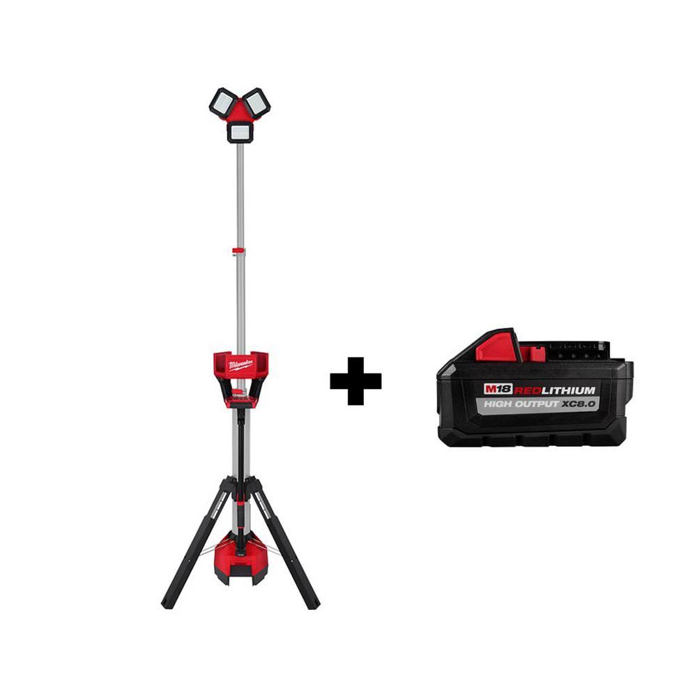 Milwaukee M18 Rocket Dual Power Tower Light with 3,000 Lumens, Charger, and XC 8.0 Ah Battery
