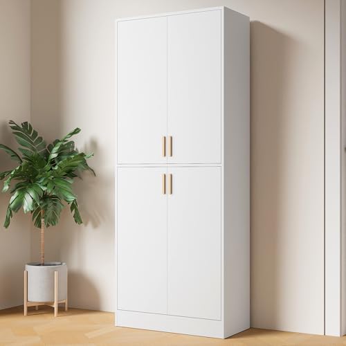 Cozy Castle 71′′ Tall Pantry Cabinet with Four Doors and Adjustable Shelves, Freestanding Wood Storage Cupboard for Kitchen, Dining Room, Living Room or Bathroom, Gray