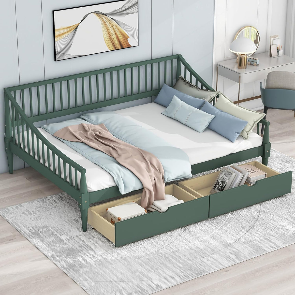 Green Full-Size Wooden Daybed with Rails on 3 Sides, Two Storage Drawers and Support Legs
