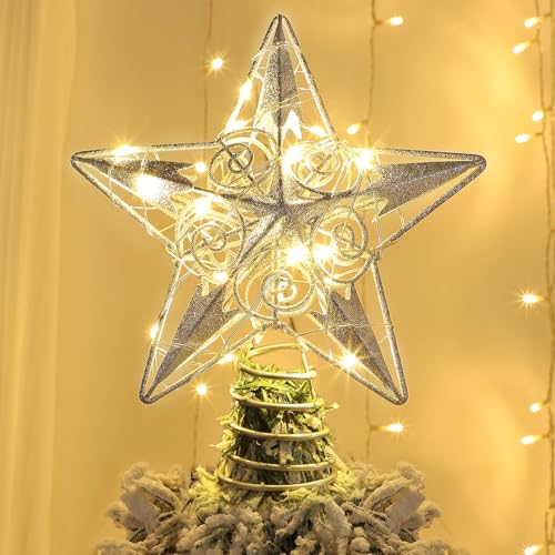 Juegoal 6.5-Inch Golden Metal Star Christmas Tree Topper with 20 LED Lights, Battery-Powered Illuminated Ornament for Holiday Decor