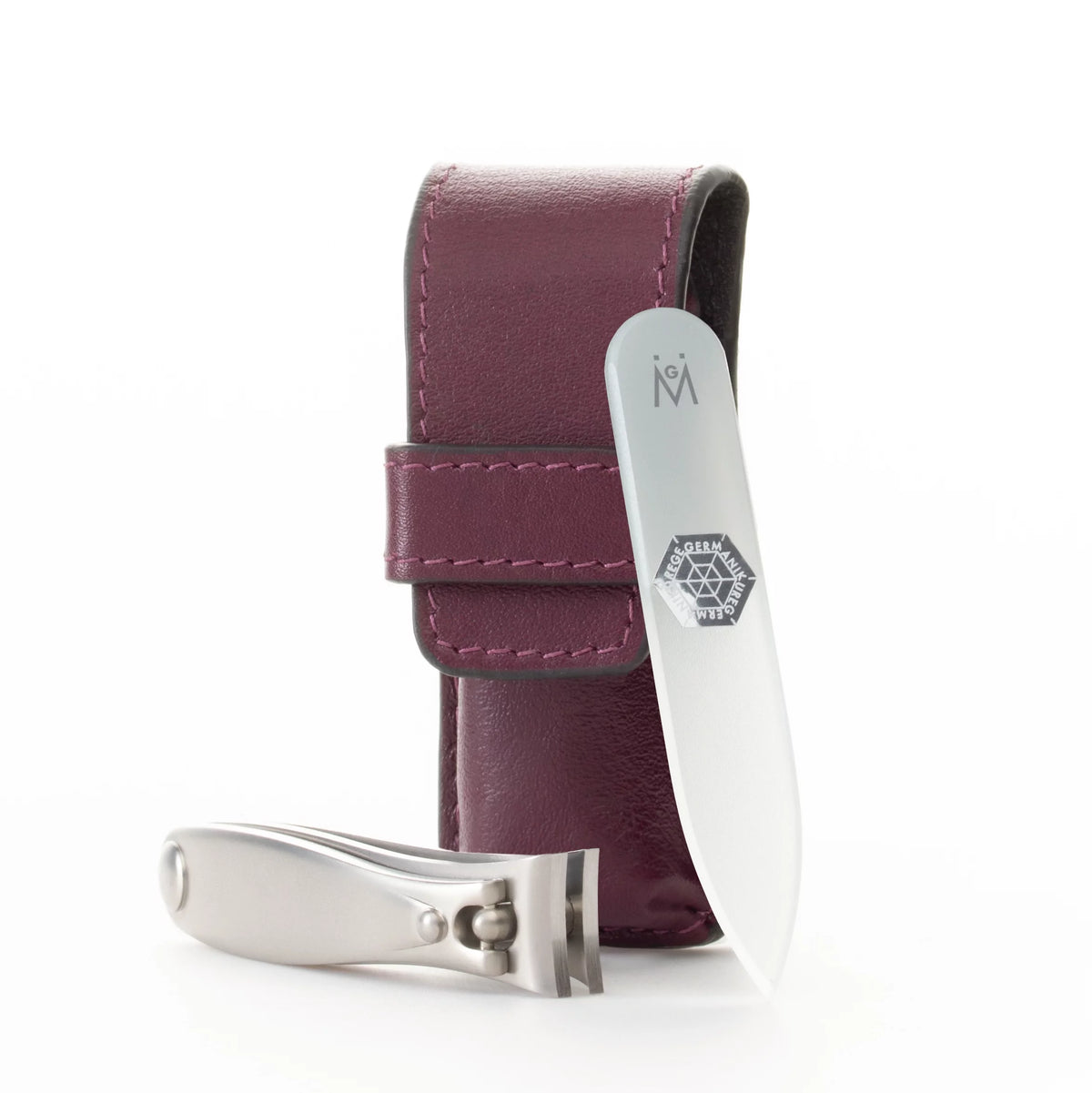 GERMANIKURE Nail Care Set with FINOX Stainless Steel Nail Clipper and Czech-Made Glass Nail File, Presented in a Purple Leather Case, Made in Solingen, Germany