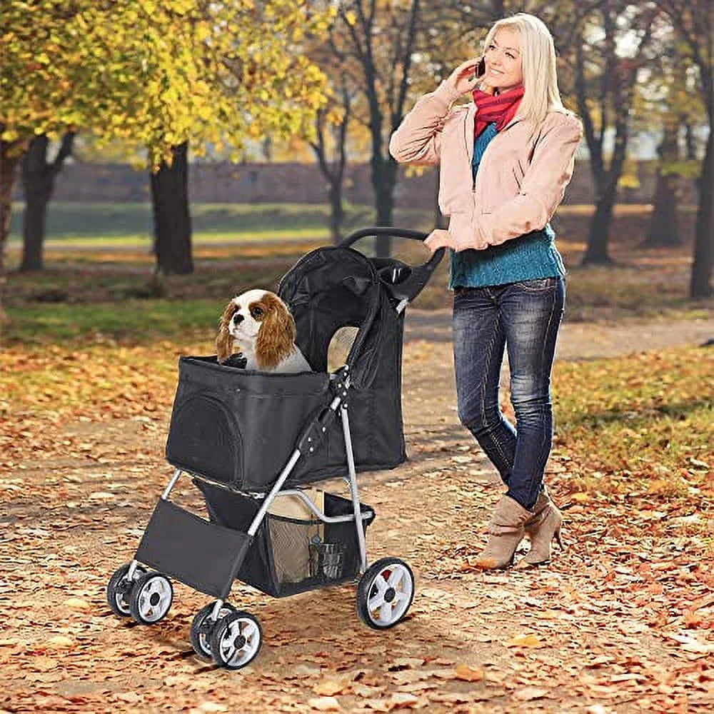 BBBuy Foldable 4-Wheel Pet Jogger Stroller and Travel Carrier with Waterproof Cover, Storage Basket, Cup Holder and Removable Liner, Black