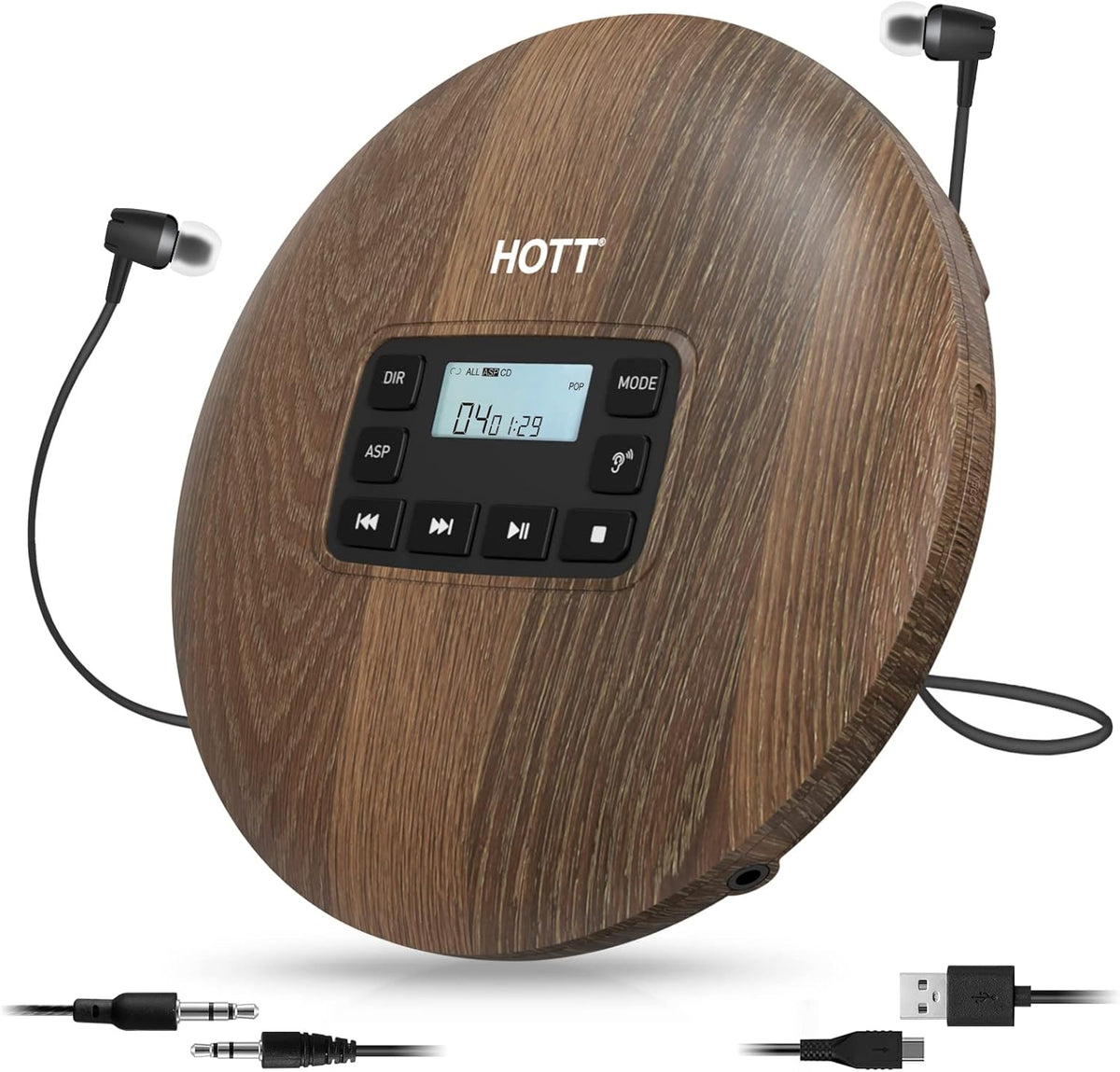 HOTT CD611 Portable CD Player with Stereo Headphones and Anti-Shock Protection for Home, Travel and Car, Wood Grain Finish
