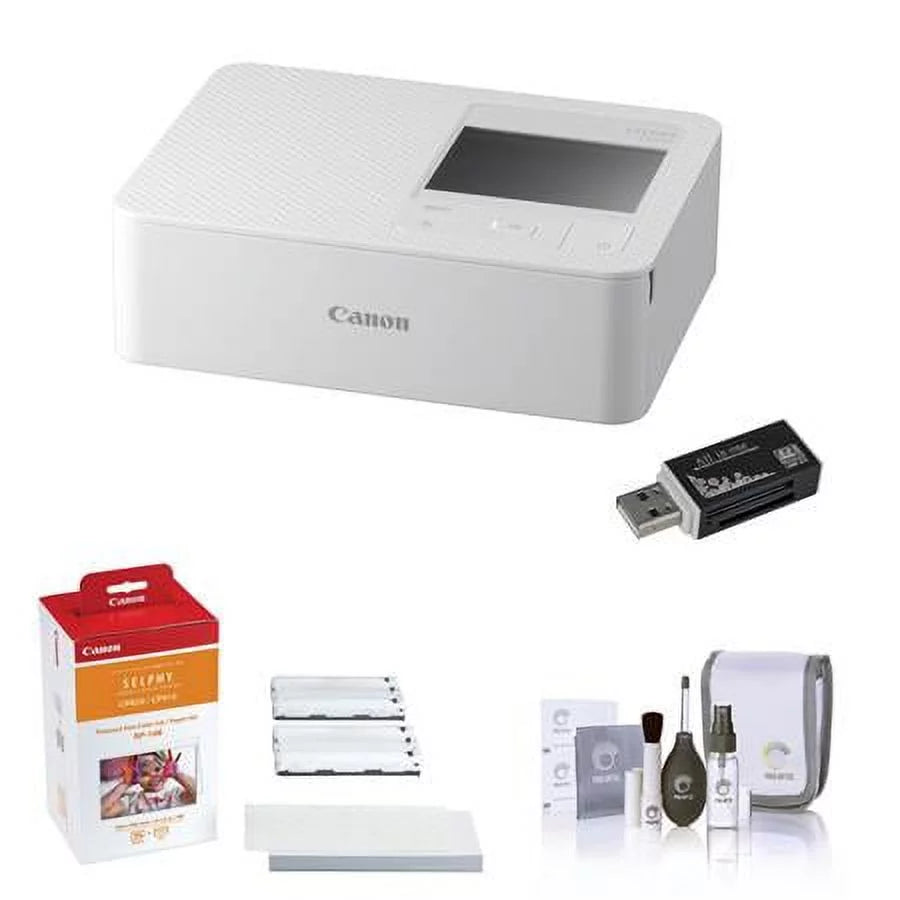 White SELPHY CP1500 Wireless Compact Photo Printer Bundle with RP-108 High-Capacity Color Ink/Paper Set, Card Reader and Cleaning Kit