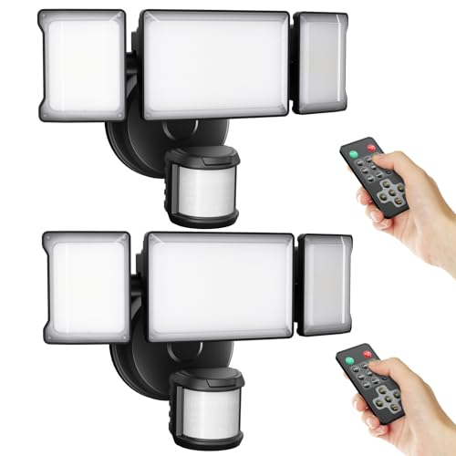 2-Pack 75W Outdoor Motion Sensor Flood Lights with Remote Control, 3 Heads, 6500K, 7500LM, IP65 Weather Resistance, Dusk-to-Dawn Lighting for Yard, Garage, Porch, or Wall