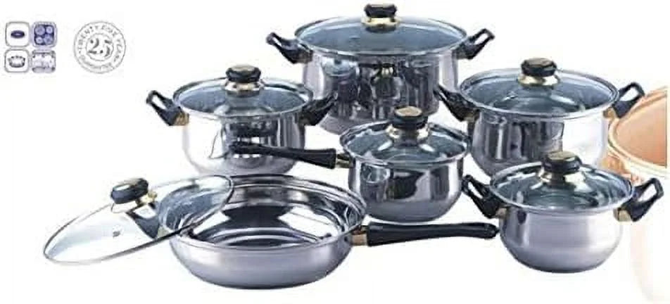 Blackstar 12-Piece Stainless Steel Cookware Set with Clear Glass Lids and Black Handles, SC-SS003