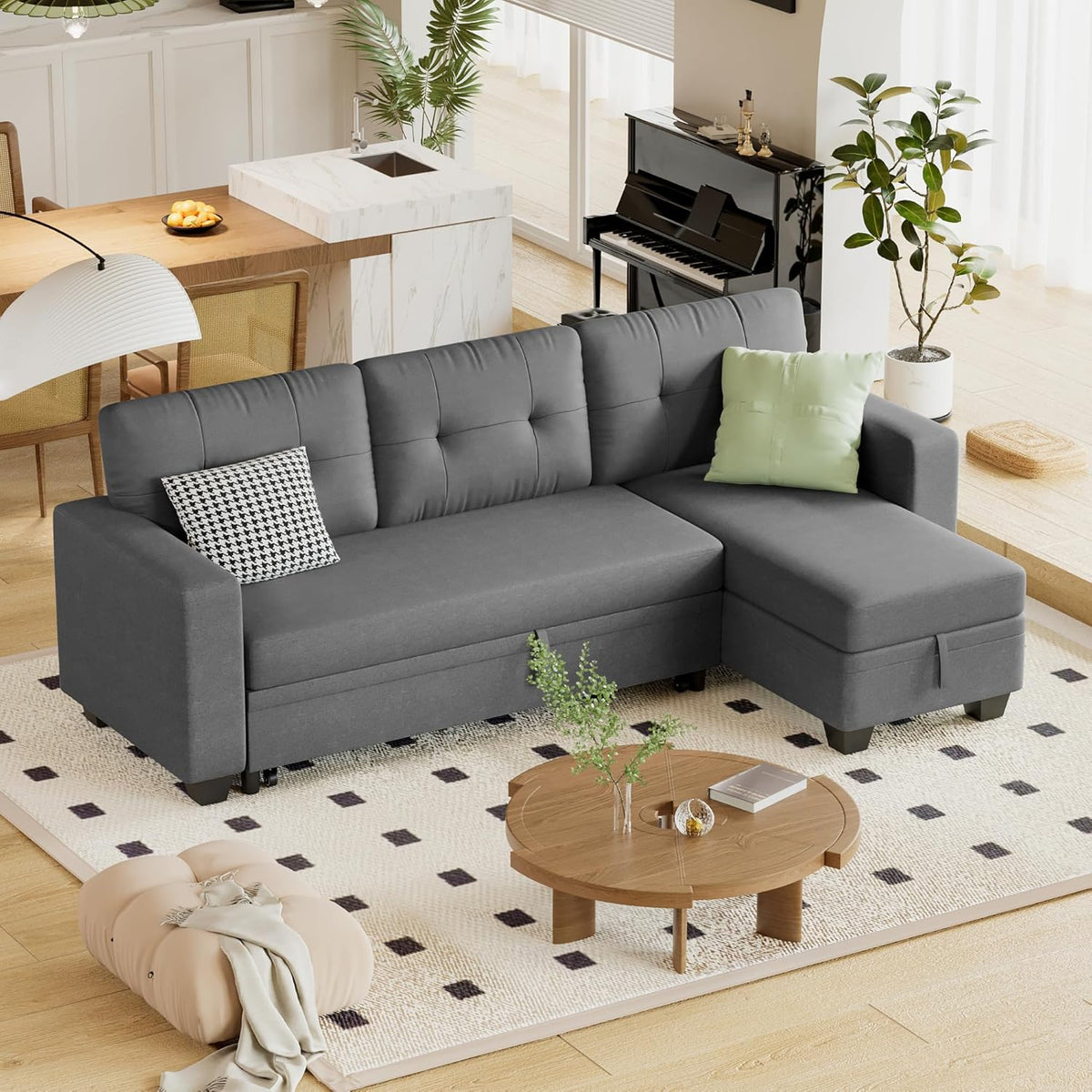 Modern L-Shaped Sleeper Sectional Sofa with Pull-Out Bed, Storage Chaise and Convertible Fabric Upholstery for Living Rooms, Apartments and Small Spaces, Dark Gray