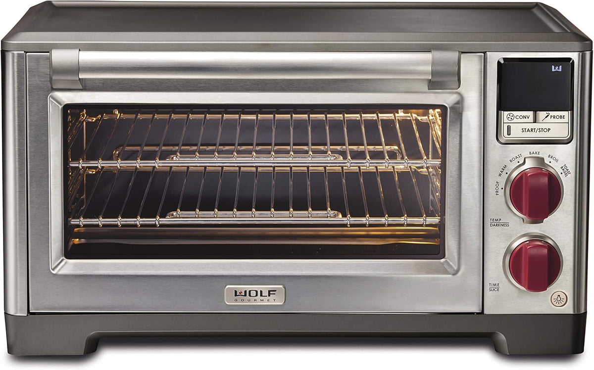 Wolf Gourmet Elite WGCO150S Countertop Convection Toaster Oven with Temperature Probe, Stainless Steel Housing and Red Knobs