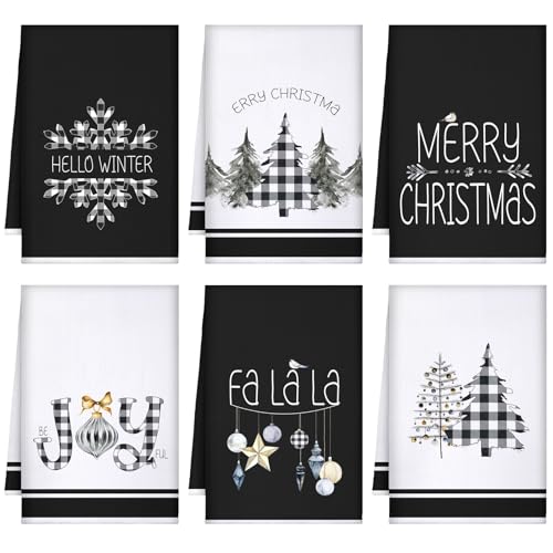 Geyoga 6-Piece Christmas Kitchen Towel Set with Buffalo Plaid and Tree Designs, Soft Absorbent Dish, Tea and Hand Towels for Holiday Gifts, 16 x 24 Inches, Gray and White
