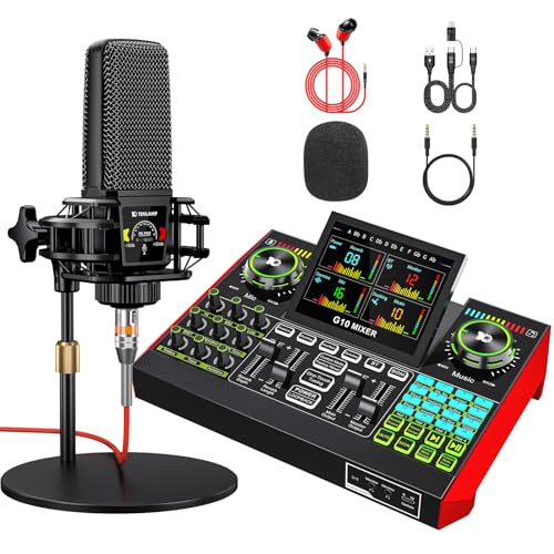 Podcast Microphone and Audio Mixer Bundle with 3.5mm Condenser Mic, Live Sound Card, Voice Changer and Denoise, Equipment for PC and Phone Streaming, Singing and Gaming
