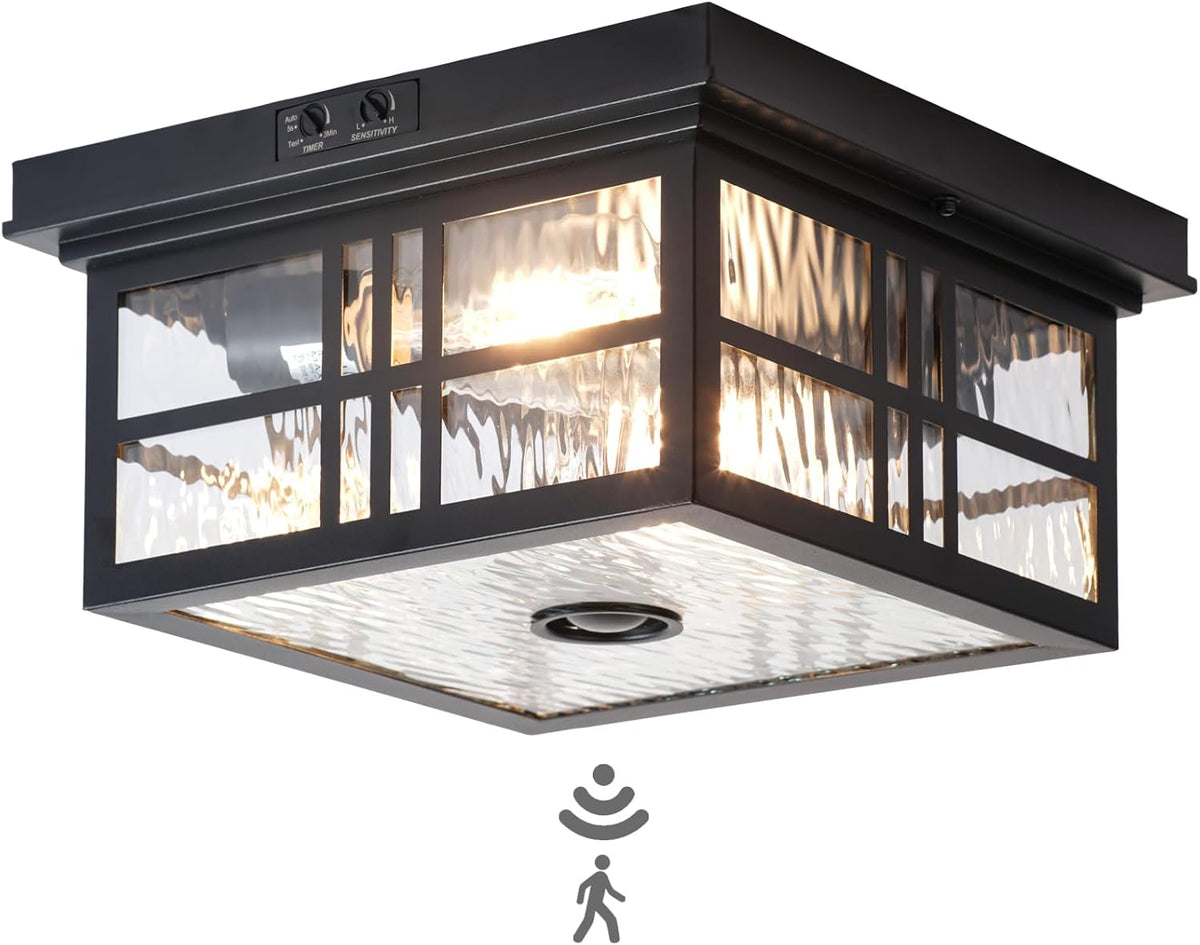 Industrial Black 2-Light Flush Mount Ceiling Lamp with Motion Sensor and Water Ripple Glass, for Porch, Entryway, or Garage, Adjustable Timer and Sensitivity