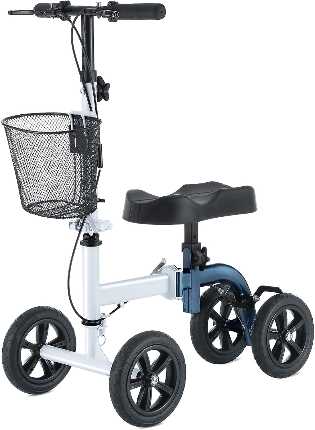 RINKMO Foldable All-Terrain Knee Scooter in White and Blue, Walker for Foot Injuries and Crutches Alternative