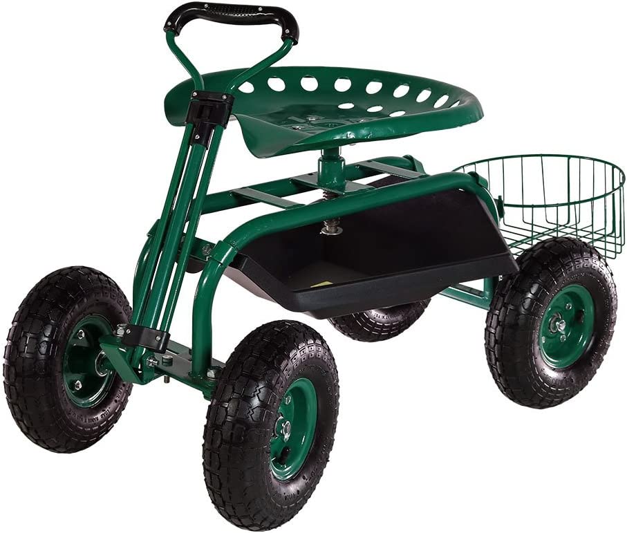 Sunnydaze Green Garden Cart with Rolling Scooter Seat, Extendable Steering Handle, Swivel Seat and Utility Tool Tray