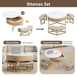 Linique Modern Round Lift-Top Coffee Table with Concealed Storage and 3 Ottomans, White + Black