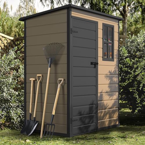 DWVO 5 x 3ft Gray Resin Outdoor Storage Shed with Floor, Window, Waterproof Construction, and Lockable Door for Garden, Yard, or Patio