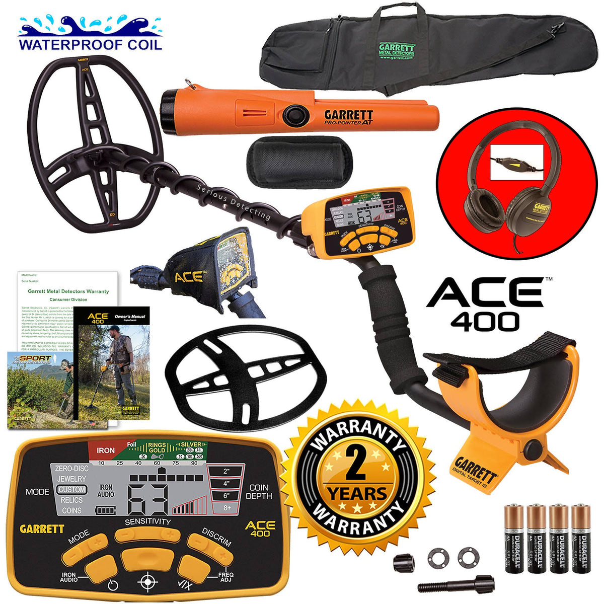 Garrett Ace 400 Metal Detector Kit with Waterproof Coil, Pro-Pointer AT and Carry Bag