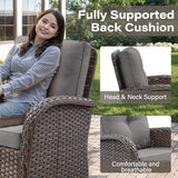 3-Piece Outdoor Patio Furniture Set with Two Swivel Rocker Chairs and Rattan Side Table, Wicker Glider Seating for Deck, Porch or Poolside, Brown and Blue