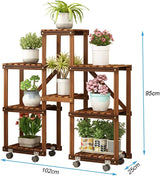 5-Tier Wooden Plant Display Shelf with Wheels, Carbonized Potted Rack for Indoor or Outdoor Garden Storage and Decor
