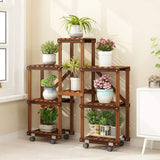 5-Tier Wooden Plant Display Shelf with Wheels, Carbonized Potted Rack for Indoor or Outdoor Garden Storage and Decor