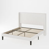 Allewie Queen Velvet Platform Bed with Vertical Channel-Tufted Wingback Headboard, Strong Wooden Slats, No Box Spring Required, Easy Assembly, Black
