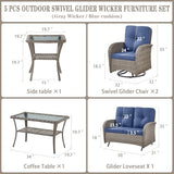 3-Piece Outdoor Patio Furniture Set with Two Swivel Rocker Chairs and Rattan Side Table, Wicker Glider Seating for Deck, Porch or Poolside, Brown and Blue