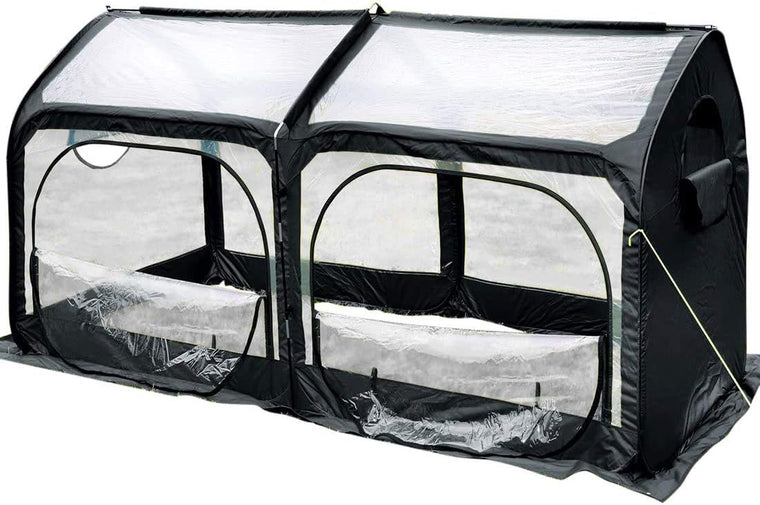 Portable Pop-Up Greenhouse for Indoor and Outdoor Growing, 98 x 49 x 53 Inches, with Fiberglass Poles, Overlong Cover, 6 Stakes and 4 Zipper Doors, Black