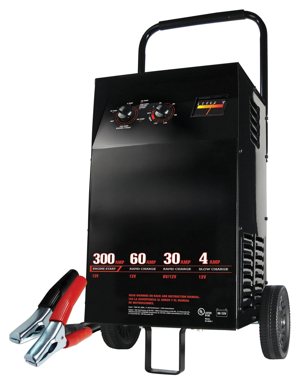 Electric Wheeled Battery Charger and Engine Starter with Manual Timer, 300 Crank Amps, 6V/12V for Car, SUV, Truck and Marine Batteries