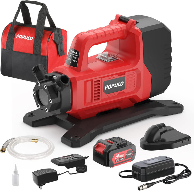POPULO Portable Hybrid Water Transfer Pump with Suction Filter, 325GPH and 45ft Reach, 120VAC or 20VDC 4Ah Operation, 3/4 Garden Hose Thread