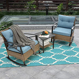 3-Piece Blue Wicker Rocking Bistro Set with Cushioned Rattan Rocker Chairs and Side Table for Patio, Garden, Yard, Porch, or Balcony