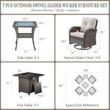 3-Piece Outdoor Patio Furniture Set with Two Swivel Rocker Chairs and Rattan Side Table, Wicker Glider Seating for Deck, Porch or Poolside, Brown and Blue