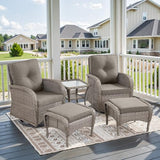 3-Piece Outdoor Patio Furniture Set with Two Swivel Rocker Chairs and Rattan Side Table, Wicker Glider Seating for Deck, Porch or Poolside, Brown and Blue