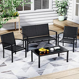 Greesum 4-Piece Outdoor Patio Conversation Set with Glass Coffee Table, Black Furniture for Lawn, Garden or Poolside