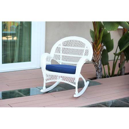 White Wicker Rocking Chair with Blue Fabric Cushions