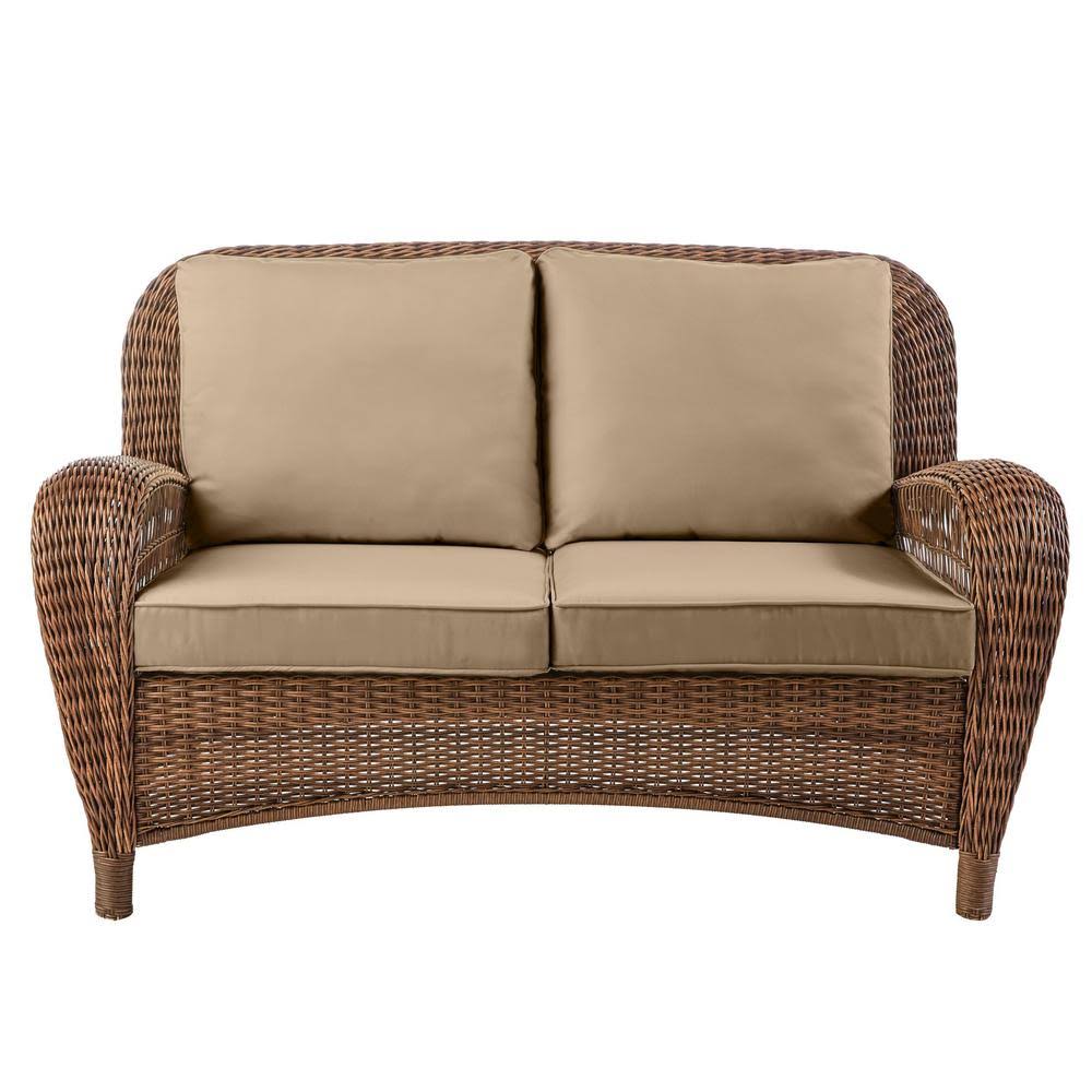 Hampton Bay Beacon Park Outdoor Patio Loveseat with Brown Wicker Frame and Standard Toffee Tan Cushions