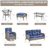3-Piece Outdoor Patio Furniture Set with Two Swivel Rocker Chairs and Rattan Side Table, Wicker Glider Seating for Deck, Porch or Poolside, Brown and Blue